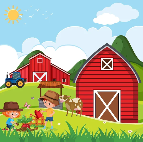 Granja Escena Con Niños Felices Plantando Verdura Granja Ilustración — Vector de stock