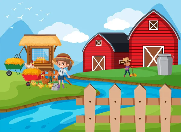 Сцена Ферме Счастливые Дети Работают Над Иллюстрацией Сельхозугодий — стоковый вектор