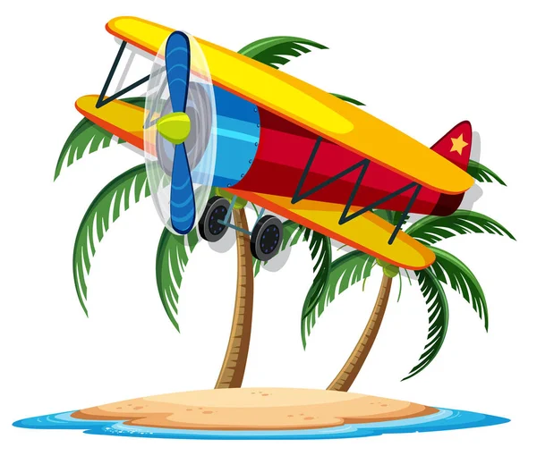 Samolot Tropikalnej Wyspie Kreskówki Białym Tle Ilustracji — Wektor stockowy