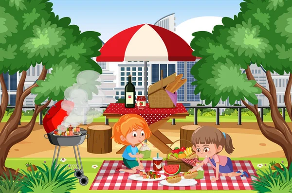Szene Mit Glücklichen Mädchen Beim Essen Park Illustration — Stockvektor