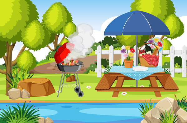 Сцена с барбекю и едой на столе для пикника на иллюстрации парка
