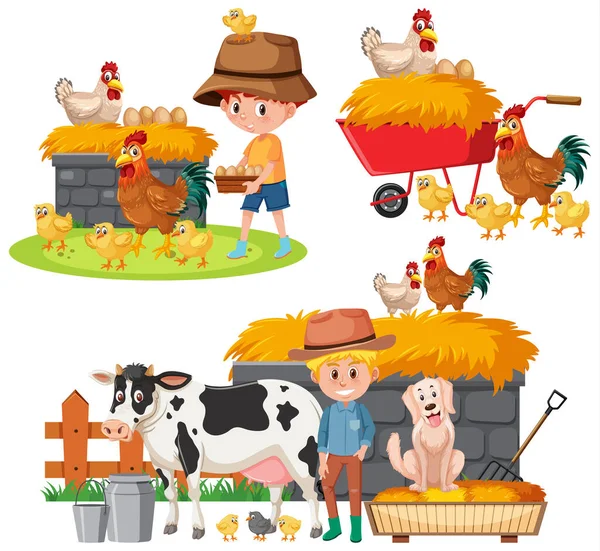 Conjunto Agricultores Animais Criação Sobre Fundo Branco Ilustração —  Vetores de Stock