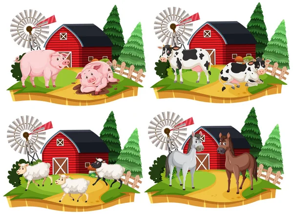 Group Farm Animal Cartoon Character White Background Illustration — Stock Vector