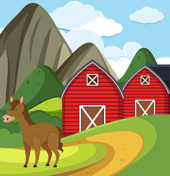 Bauernhofszene Mit Pferd Und Roten Scheunen Auf Den Hügeln Illustration — Stockvektor
