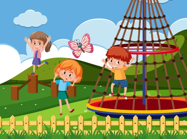 Scène Avec Nombreux Enfants Dans Illustration Parc — Image vectorielle