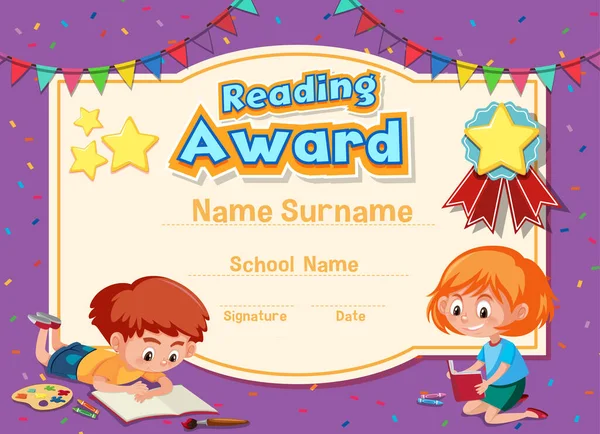Wzór Certyfikatu Projekt Czytania Nagrody Dwóch Dzieci Czytania Ilustracji — Wektor stockowy