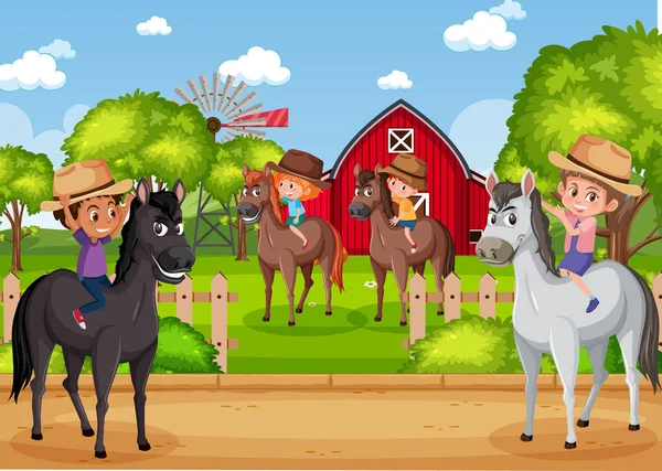 Achtergrond Scène Met Kinderen Paardrijden Het Park Illustratie — Stockvector
