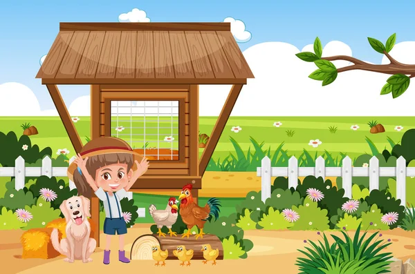 Granja Escena Con Chica Muchos Animales Ilustración — Vector de stock