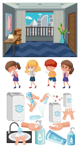 Escena Fondo Habitación Vacía Conjunto Ilustración Niños Enfermos — Archivo Imágenes Vectoriales