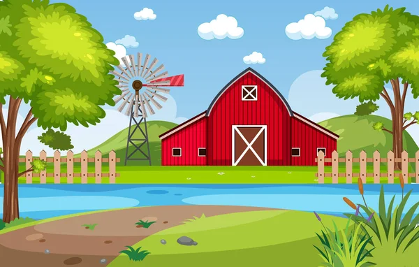 公园图上有红色谷仓的背景场景 — 图库矢量图片