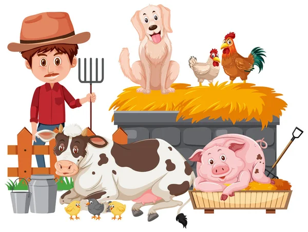 Agricultor Muitos Animais Fundo Branco Ilustração —  Vetores de Stock