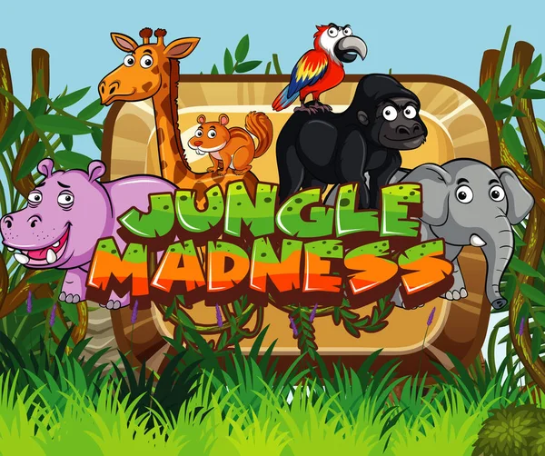 Font Design Jungle Madness Wild Animals Forest Background Illustration — Stock Vector