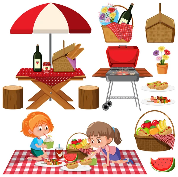 带有烧烤烤架的野餐套装和白色背景插图的食物 — 图库矢量图片