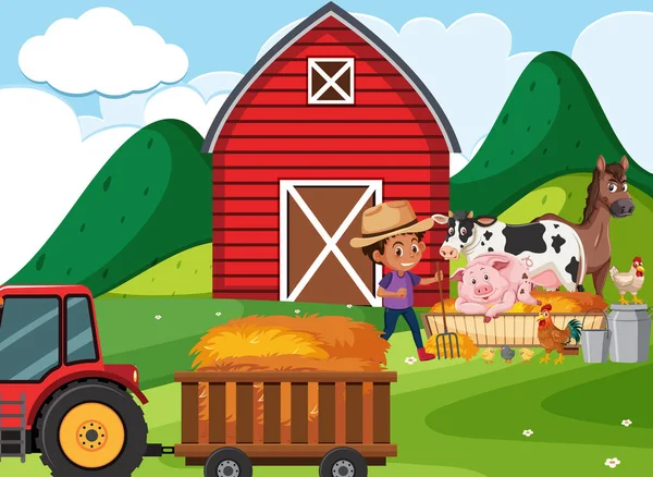 Farmářská Scéna Chlapcem Zvířaty Farmě Ilustrace — Stockový vektor
