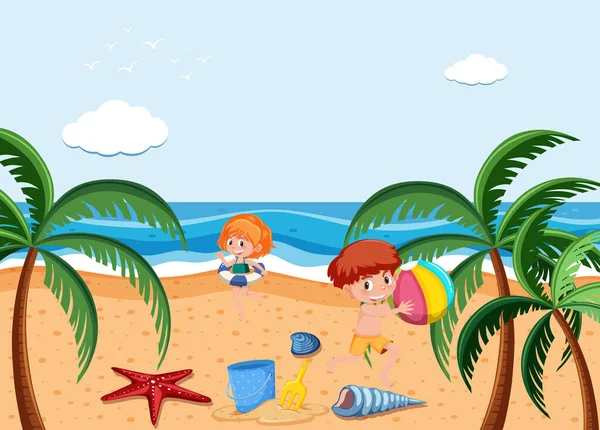 Escena Fondo Con Niños Jugando Ilustración Playa — Archivo Imágenes Vectoriales