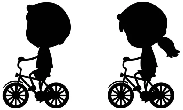 Silhueta Menino Menina Andar Bicicleta Fundo Branco Ilustração — Vetor de Stock