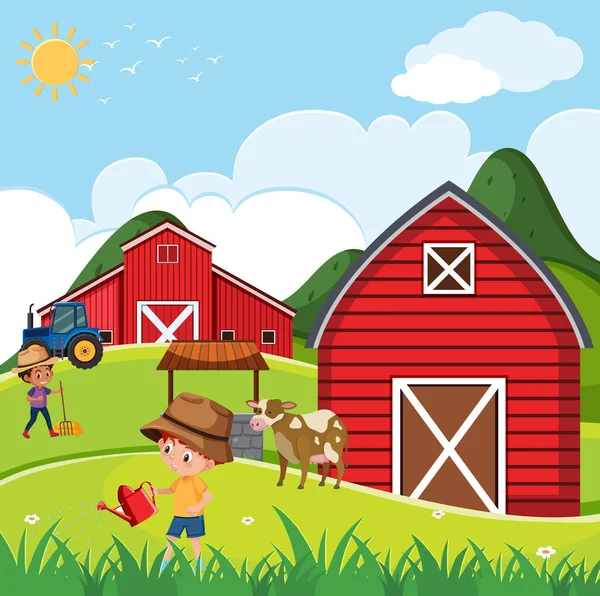 農場のイラストに取り組んでいる子供たちと農場のシーン — ストックベクタ
