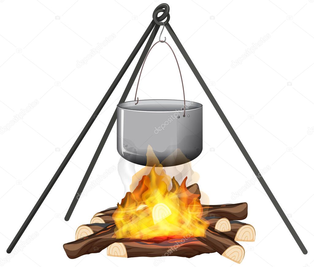 Campfire and cooking pot on stand on white background illustration