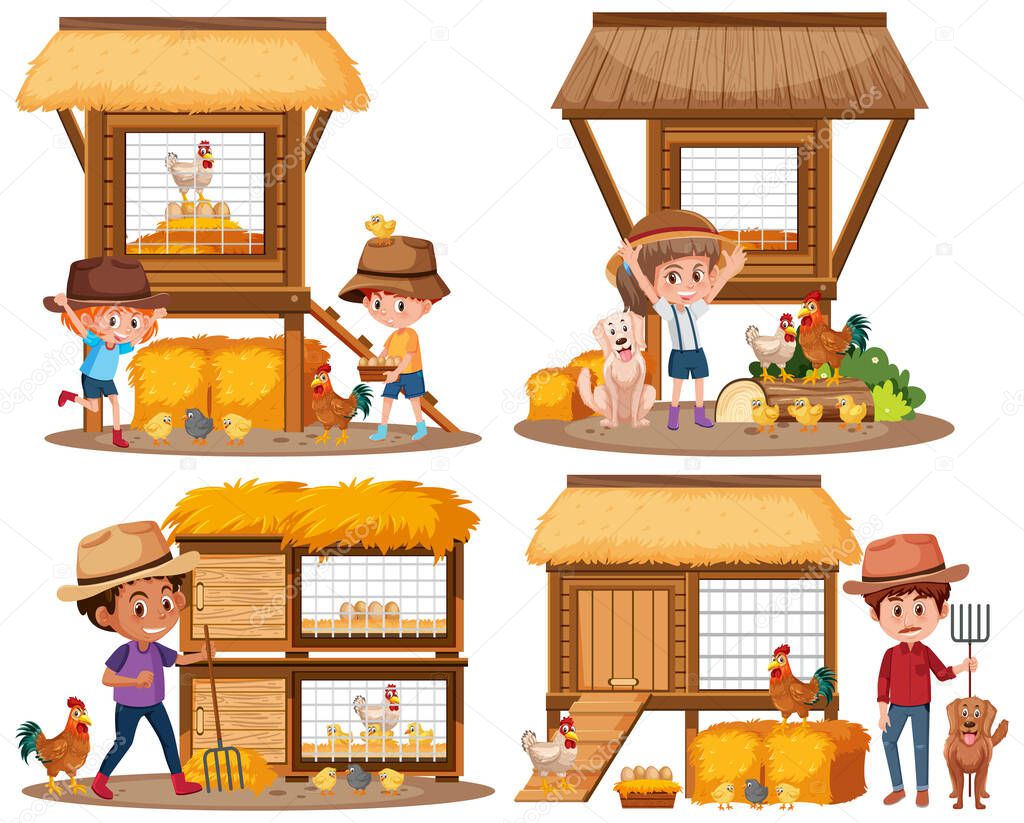 Chicken coops and children on the farm illustration