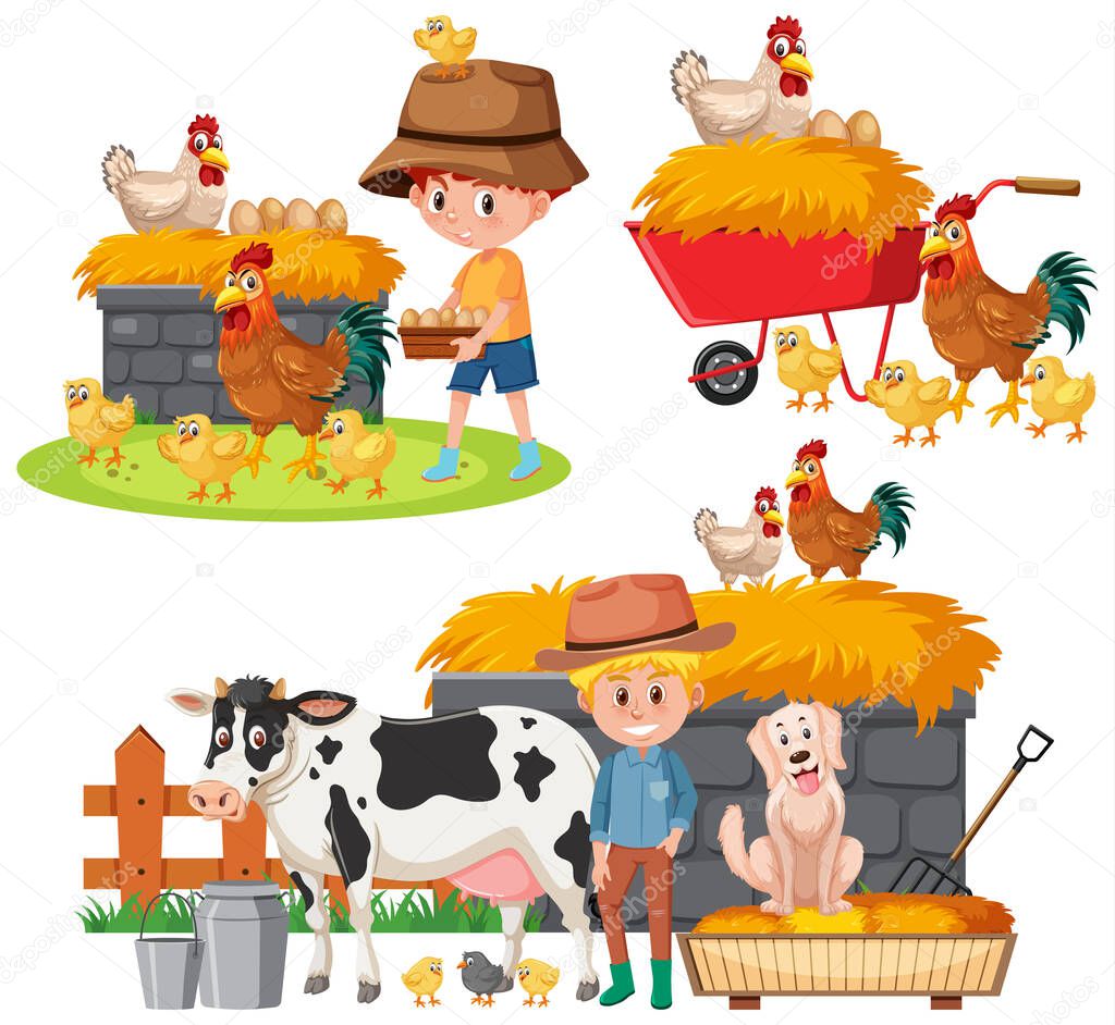 Set of farmers and farm animals on white background illustration