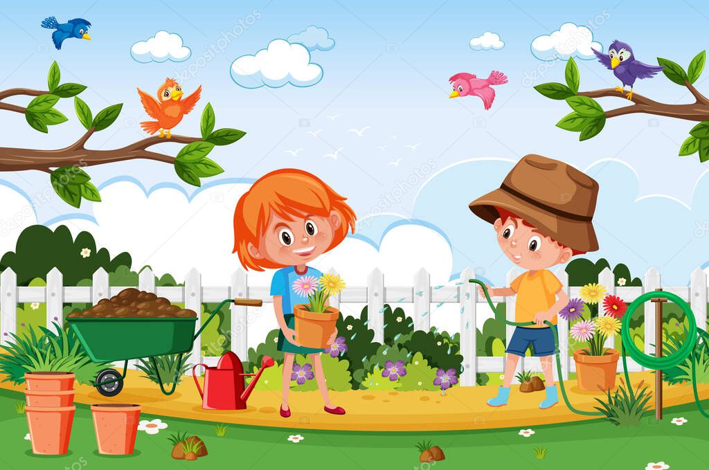 Background scene with kids planting in the park illustration