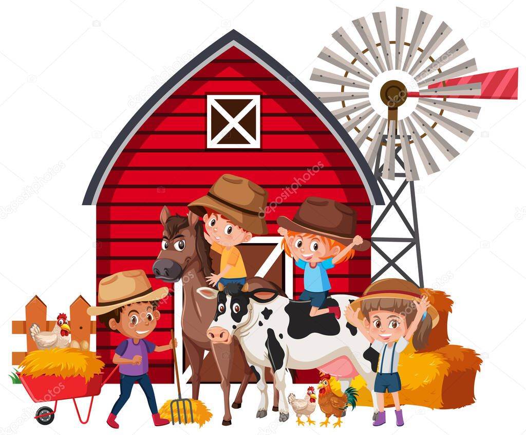 Many happy kids and farm animals on white background illustration