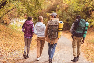 Sonbahar ormandaki genç backpackers
