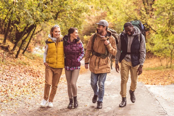 Felices mochileros jóvenes en el bosque — Foto de Stock