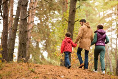 familie wandelen in herfst woud