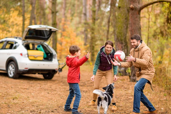 Gelukkige familie spelen met de bal — Stockfoto