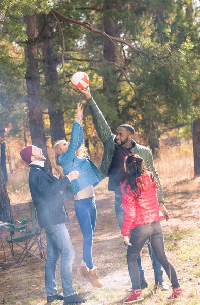 Glückliche Freunde spielen mit Ball im Park — Stockfoto