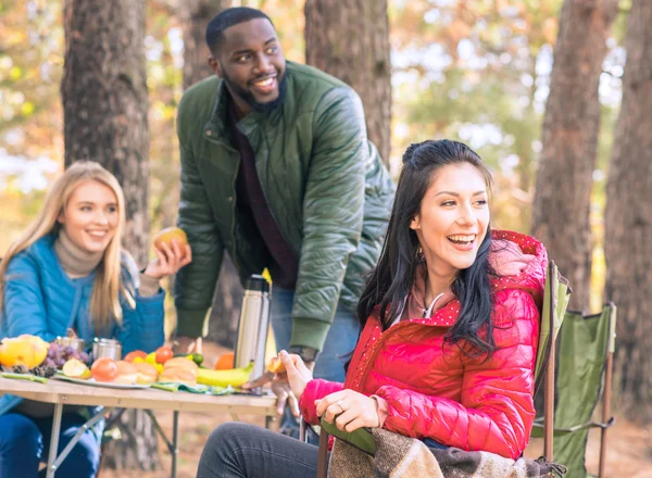 Sorrindo amigos se divertindo no parque de campismo — Fotografia de Stock