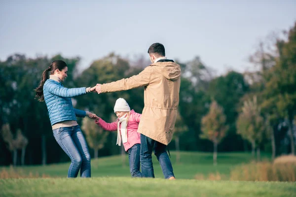 Счастливая семья держится за руки на лугу — стоковое фото