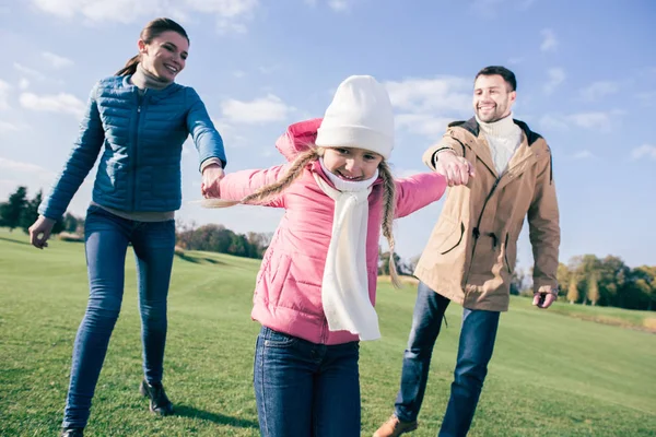 Happy family holding hands on meadow — Stock Photo, Image