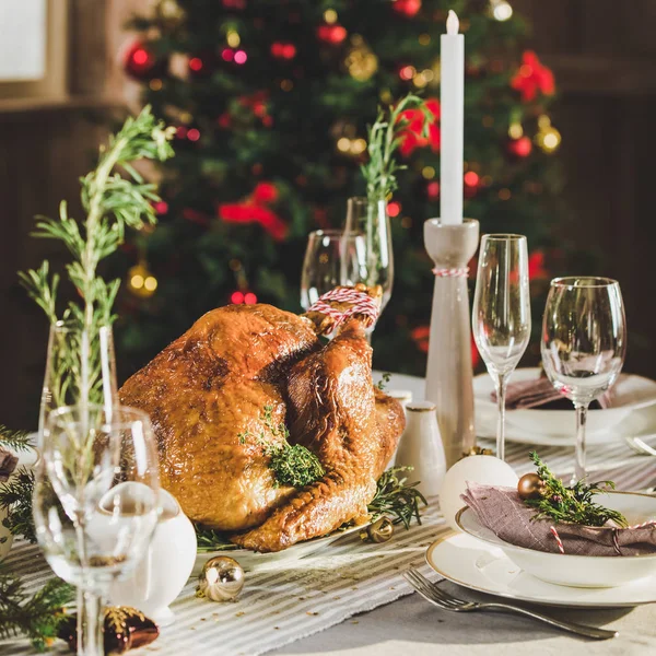 Roasted turkey on holiday table — Stock Photo, Image