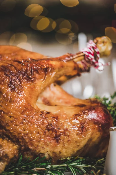 Roasted turkey on holiday table — Stock Photo, Image