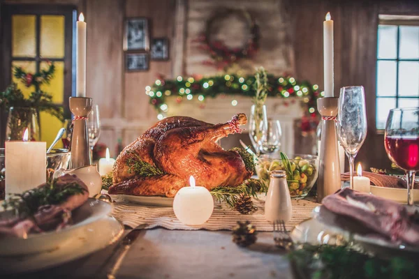 Roasted turkey on holiday table — Stock Photo, Image