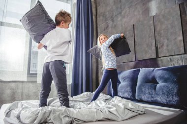 Siblings fighting with pillows clipart