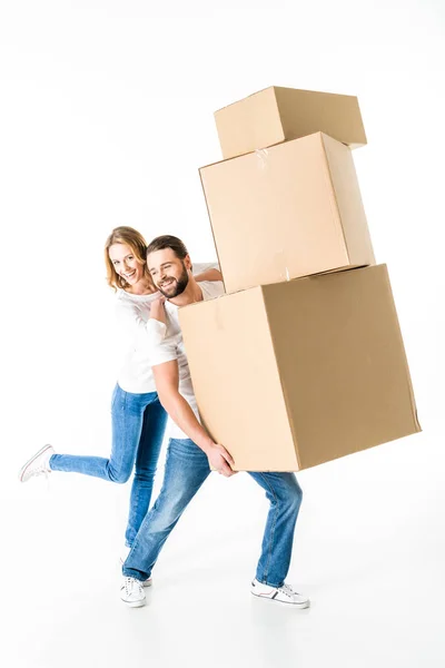 Couple with cardboard boxes — Stock Photo, Image