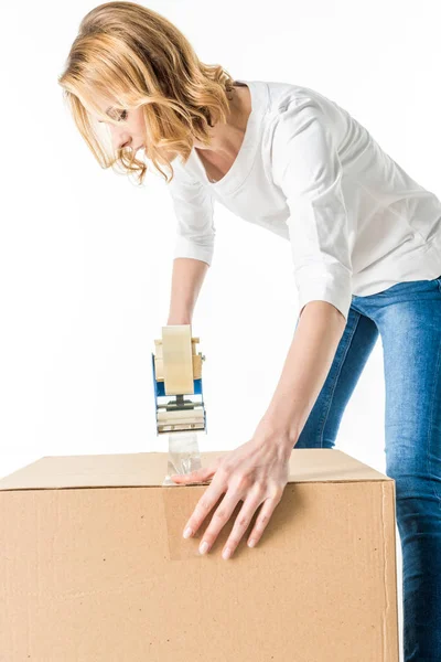 Mujer caja de embalaje — Foto de Stock