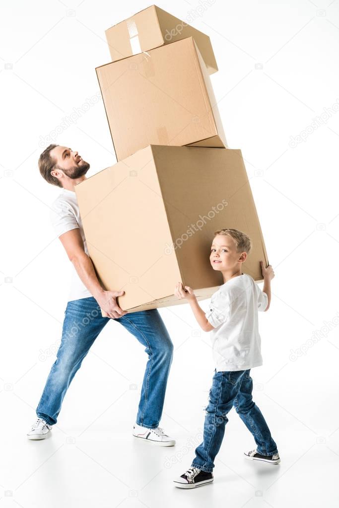 Father and son with boxes 