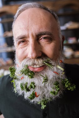 Senior man with greens in beard clipart