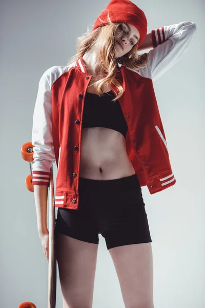 Hipster woman with longboard — Stock Photo, Image