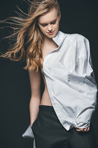 girl wearing white male shirt 