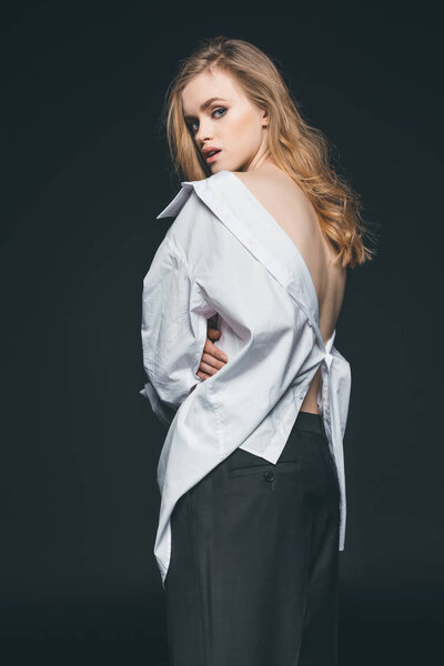 girl wearing white male shirt 