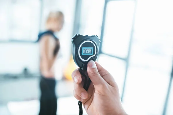 Electronic sport timer in hand, selective focus — Stock Photo, Image