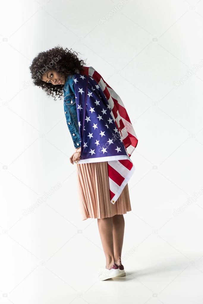 woman cowered with american flag