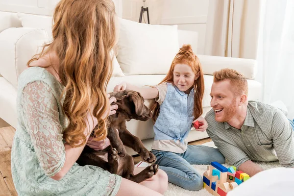 Family playing with puppy — Stock Photo, Image