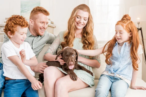 Família brincando com filhote de cachorro — Fotografia de Stock