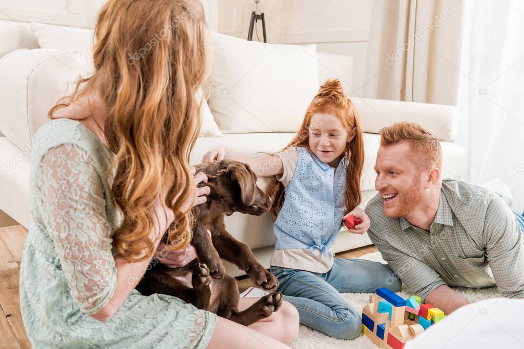 family playing with puppy  